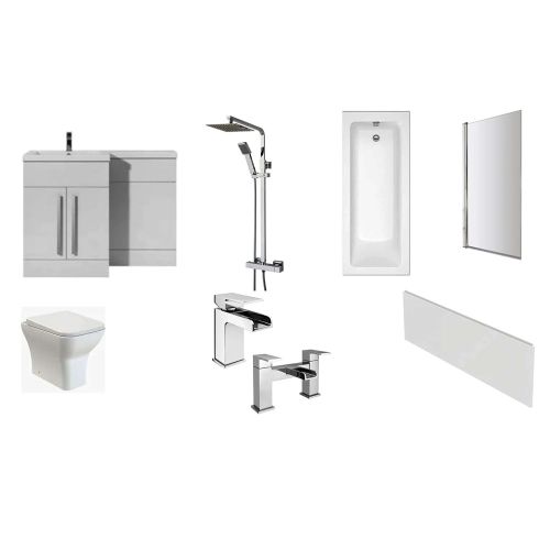 Modern L Shape Vanity Unit Full Bathroom Suite with Bath, Taps, Shower and Screen